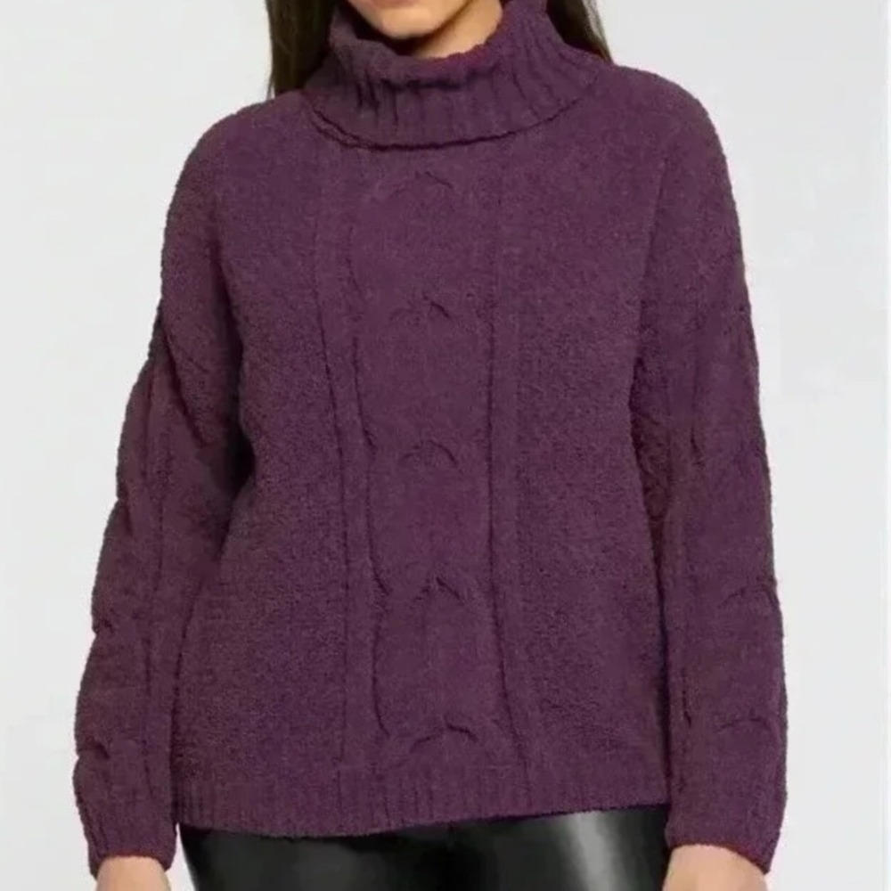 Seven7 Purple Chunky Knit Turtleneck Sweater Cable Knit Cozy Med Textured Casual
